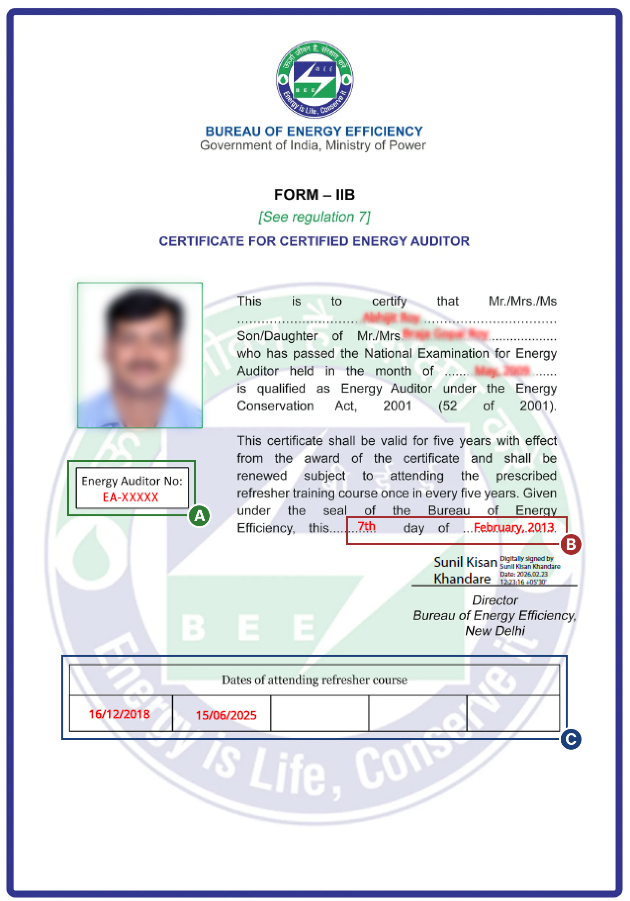 Sample EA/EM certificate with the certificate number, certificate issuance year and refresher course attendance table highlighted